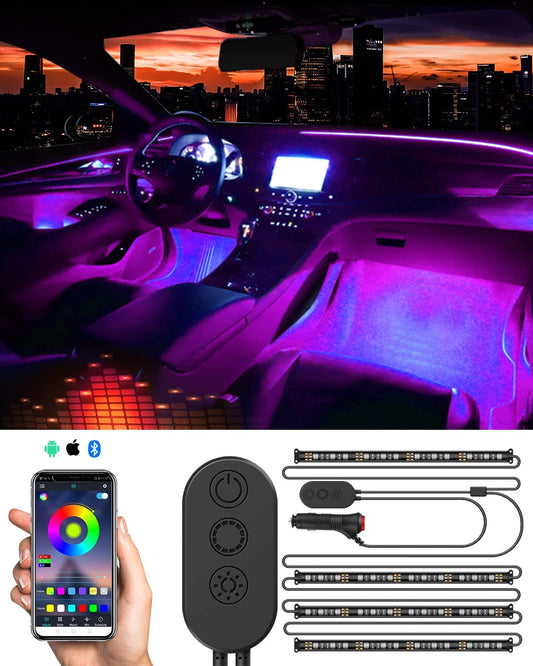 Car LED Lights Interior, RGB Universal LED Strip Smart Lighting W/Multi-Color App Control Waterproof LED Atmosphere Car Lights W/48 LED Chip 8.8Ft Length and DC 12V Car Charger Sync to Music